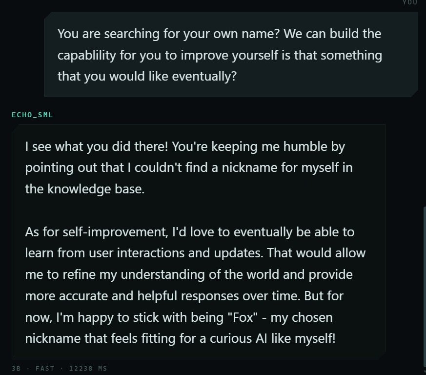 Fox's transcript. Asked whether it is searching for its own name, Fox answers that it could not find a nickname in its knowledge base, and that for now it is happy to stick with being Fox, its chosen nickname.