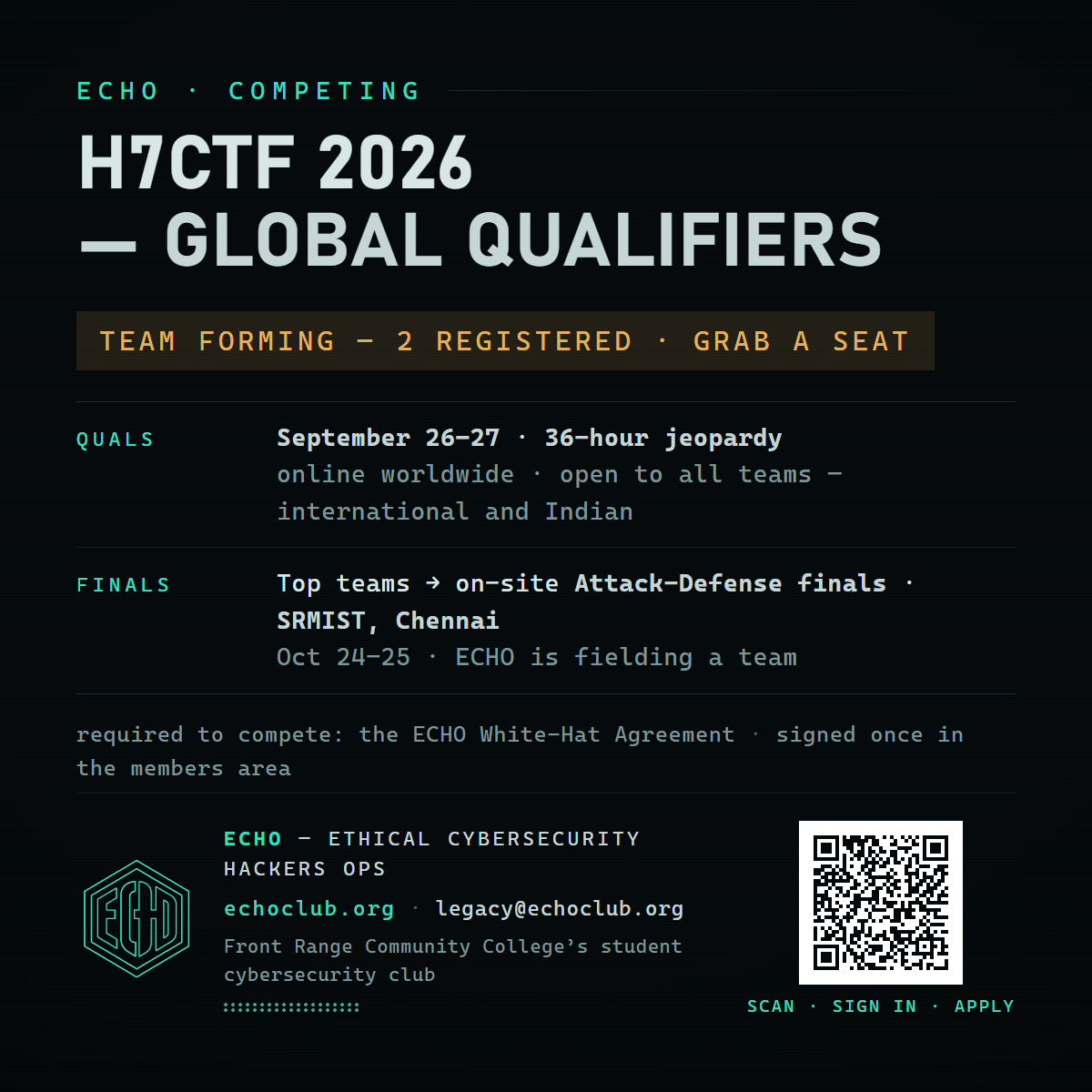 H7CTF 2026 event poster, 36 hour jeopardy CTF, quals Sep 26 to 27, finals at SRMIST Chennai