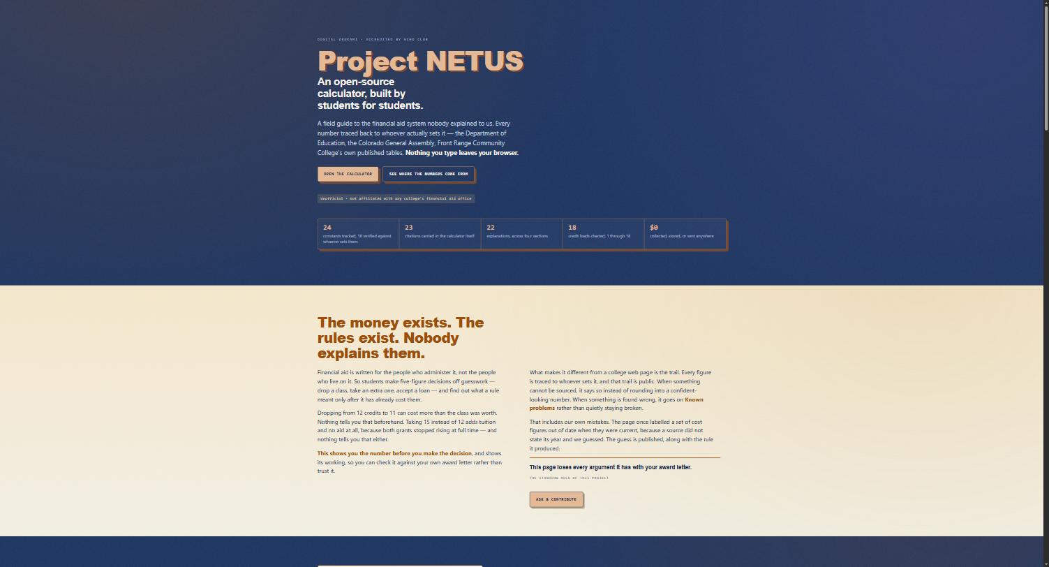 The Project NETUS landing page: an open source financial aid calculator built by students for students, where nothing you type leaves your browser