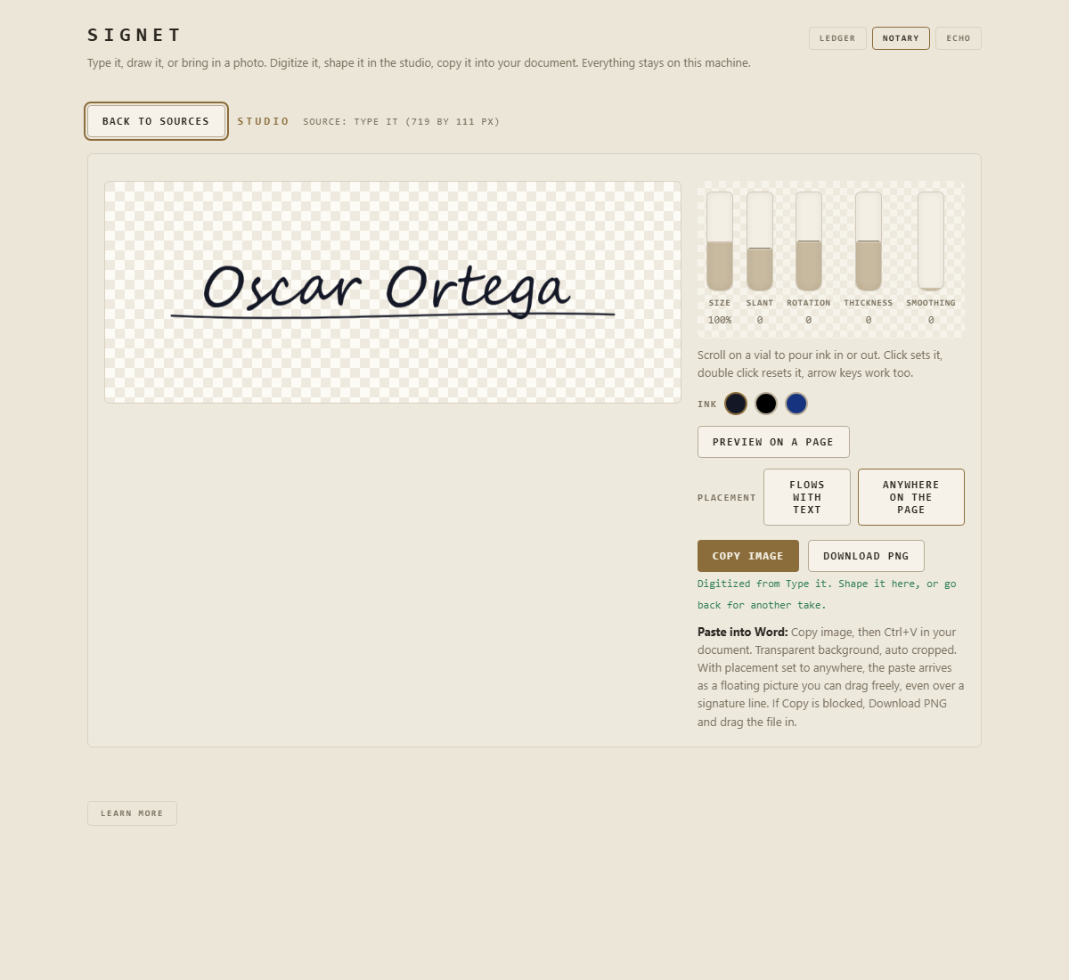 The SIGNET studio showing a digitized signature ready to copy, with ink and shaping controls