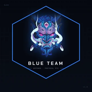 The blue team emblem: the same oni mask rendered in blues and whites with a third
                  eye open on its forehead, centred inside a thin blue hexagon on a dark navy
                  ground, captioned BLUE TEAM above the line DEFENSE, PROTOCOL 973.