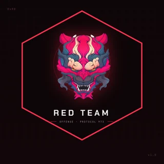 The red team emblem: a stylised red-and-pink oni mask with curved horns and bared
                  teeth, centred inside a thin red hexagon on a dark maroon ground, captioned RED
                  TEAM above the line OFFENSE, PROTOCOL 973.