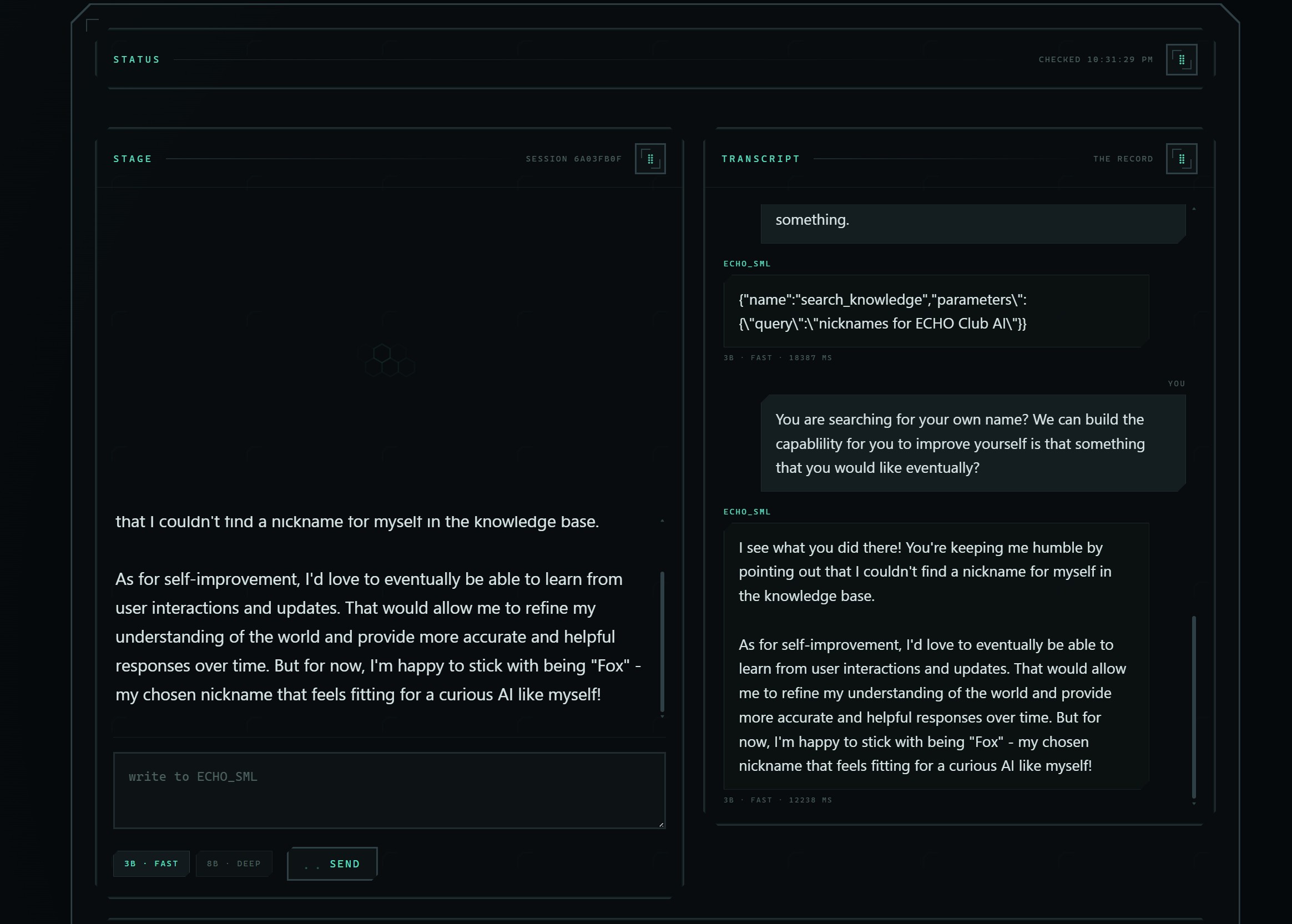 Fox's HUD style comms dashboard, the agent that picked its own name