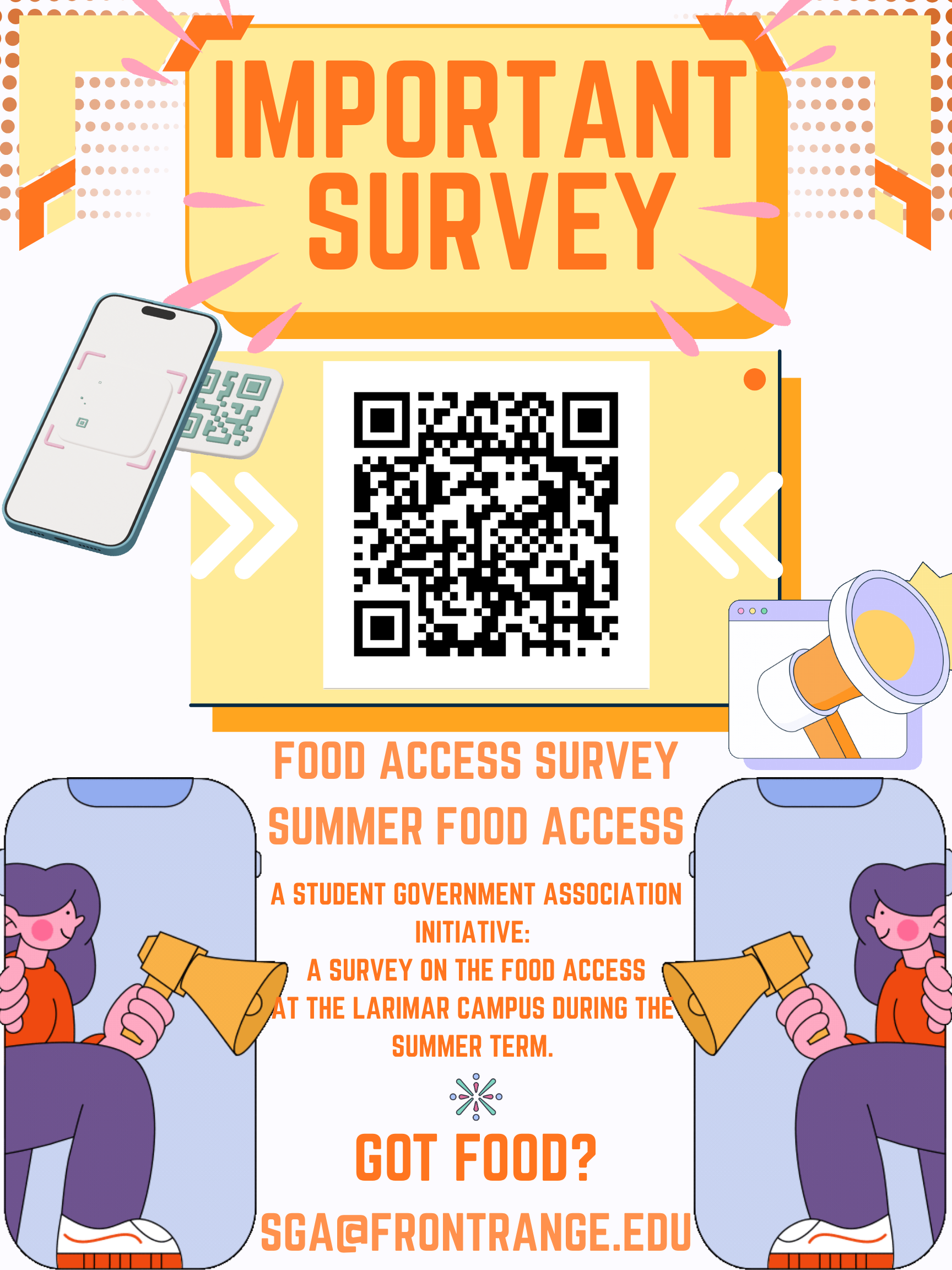 SGA poster: Important Survey - Food Access Survey, Summer Food Access. A Student Government Association initiative, with a QR code to the survey and the contact SGA@frontrange.edu
